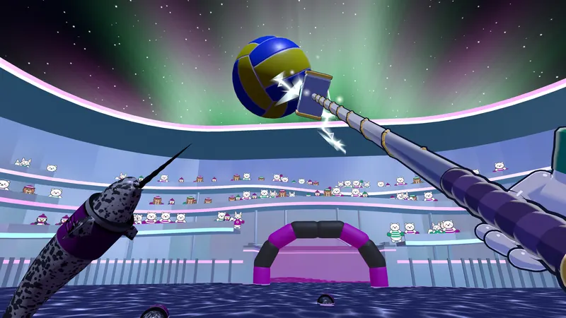 Striking the ball with the lightning-charged Thunderbolt mallet under the northern lights